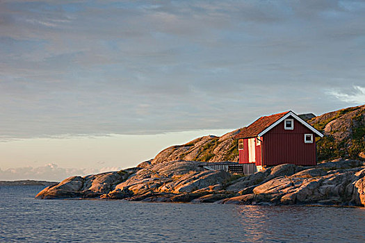 红色,木屋,岩石海岸,瑞典