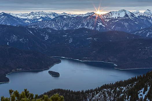 德国,巴伐利亚,巴伐利亚阿尔卑斯山,瓦尔幸湖,风景,日出