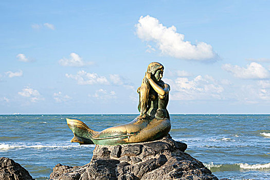 金色,美人鱼,雕塑,海滩,泰国,亚洲