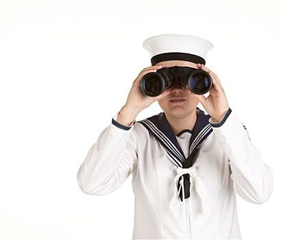 年轻,水手,双筒望远镜,隔绝,白色背景