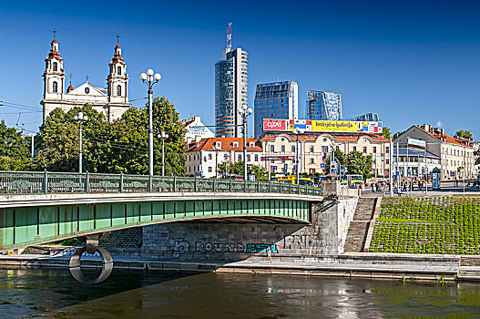 风景,河,绿色,桥,教堂,天使长,维尔纽斯,立陶宛