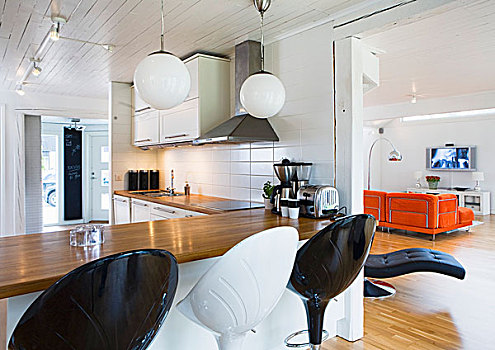 黑白,吧椅,厨房操作台,风景,客厅