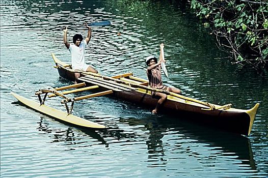 夏威夷,瓦胡岛,河流,两个男孩,舷外支架,独木舟,划船