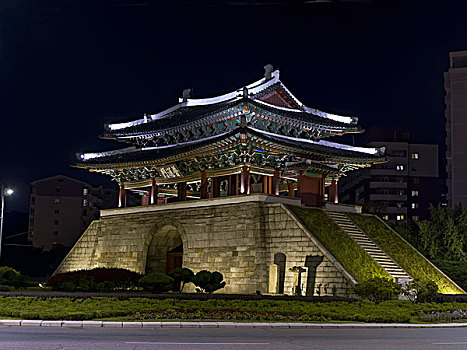 大门,夜晚,平壤,朝鲜,亚洲