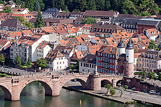 桥,大门,俯视,内卡河,海德堡,巴登符腾堡,德国,欧洲