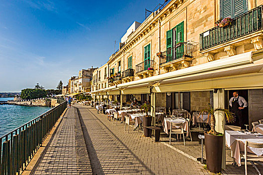 咖啡馆,人行道,水岸,锡拉库扎,西西里,意大利