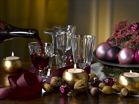 桌子,圣诞装饰,红酒