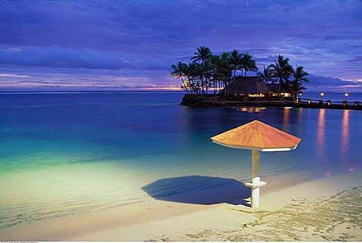 海滩伞,黄昏,斐济,酒店,珊瑚海岸,维提岛