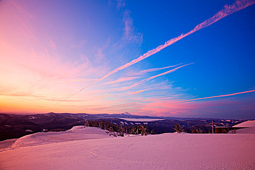 日落,上方,冬季风景,胡德山,俄勒冈,美国