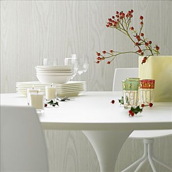 白色,餐具,玻璃杯,蜡烛,野玫瑰果,乔木,桌上