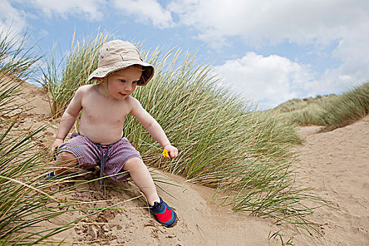 男孩,玩,沙子,沙丘
