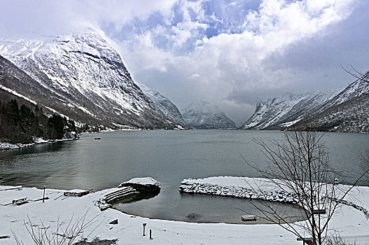 湖,山谷,小,港口,露营,场所,风景,南方,冬天,雪,松奥菲尔当纳,挪威