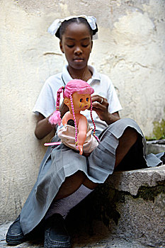 女孩,10岁,娃娃,家乐福,太子港,海地,北美,重要,慈善