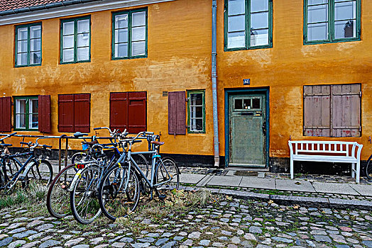 黄色,连栋房屋,哥本哈根,丹麦