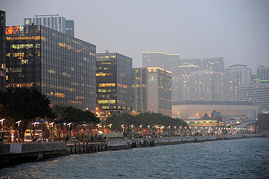 风景,摩天大楼,维多利亚港,晚上,尖沙嘴,九龙,香港,中国,亚洲