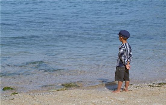 男孩,海滩,背影,看,海洋,百慕大短裤,毛衣,帽子