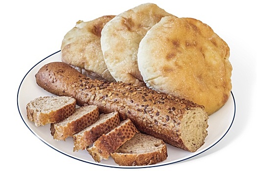 法棍面包,面包,切,切片,三个,皮塔饼,白色背景,盘子,隔绝