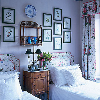 传统,客房,相似,单人床,软垫,床头板,帘