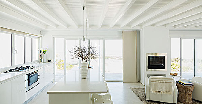 白色,厨房,木头,梁,天花板,家,展示,室内