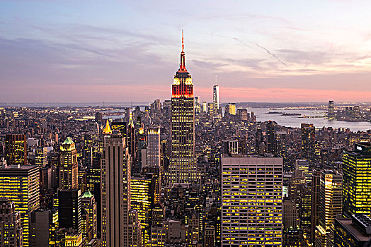 城市,曼哈顿,纽约,美国,黄昏,看,南,光亮,帝国大厦,中心