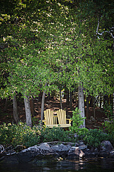 宽木躺椅,树,岩石,岸边,湖