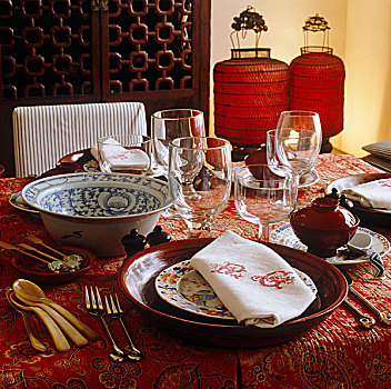 中国,餐具,碗,红色,灯笼,桌子,图案,桌布