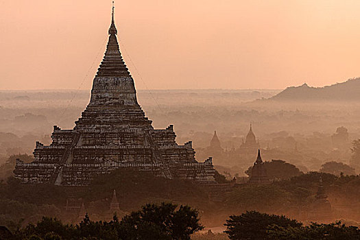 塔,庙宇,地点,逆光,日出,晨光,蒲甘,曼德勒,区域,缅甸,亚洲