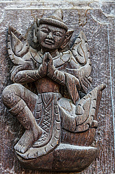老,柚木,雕刻,寺院,曼德勒,缅甸
