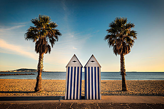 两个,棕榈树,海滩小屋,海滩,法国