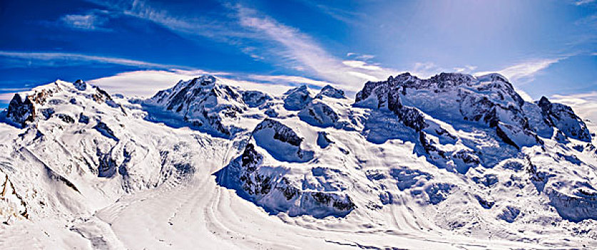 全景,雪山,蓝天,蒙特卡罗,粉色,瑞士