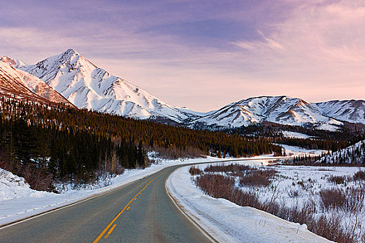 公路,日落,阿拉斯加山脉,室内,阿拉斯加,冬天