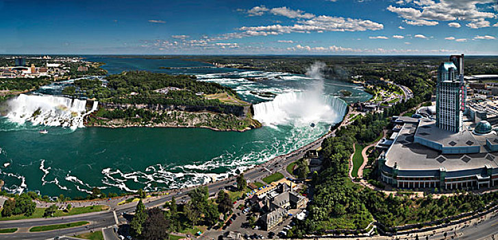 全景,航拍,尼亚加拉瀑布,加拿大,美洲瀑布,左边,马掌,右边,安大略省,纽约,美国
