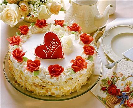 白色,奶油蛋糕,红色,杏仁糖玫瑰花,母亲节