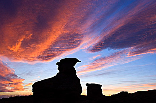 日落,天空,上方,砂岩,怪岩柱,文字,石头,省立公园,艾伯塔省,加拿大