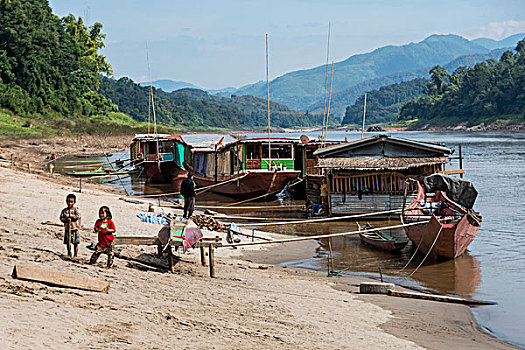 船,漂浮,房子,系,岸边,省,老挝