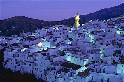 白色,乡村,普韦布洛,夜景,安达卢西亚,西班牙