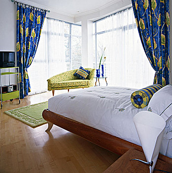 双人床,一对,卧室,活力,蓝色,绿色,帘