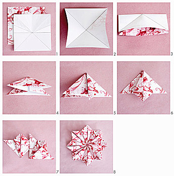 序列,照片,展示,折叠,纸,花,红色,白色,图案,折纸