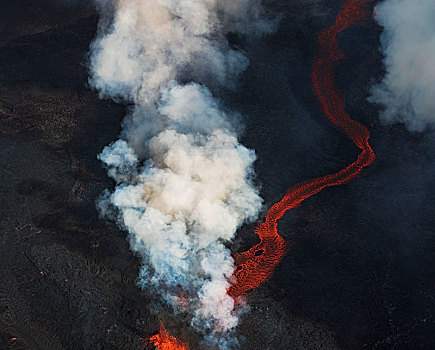 航拍,火山岩,蒸汽,八月,裂缝,喷发,北方,岩浆,火山,层状火山,瓦特纳冰川