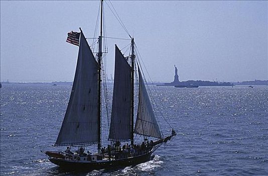 帆船,船,游艇,正面,自由女神像,水上运动,纽约,美国,北美