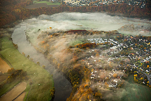 环,雾,清晨,上方,鲁尔区,北莱茵威斯特伐利亚,德国