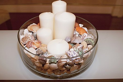 特写,蜡烛,壳,玻璃碗