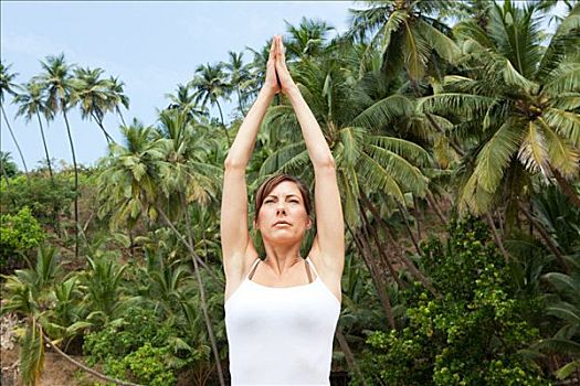 女人,练习,瑜珈,棕榈树