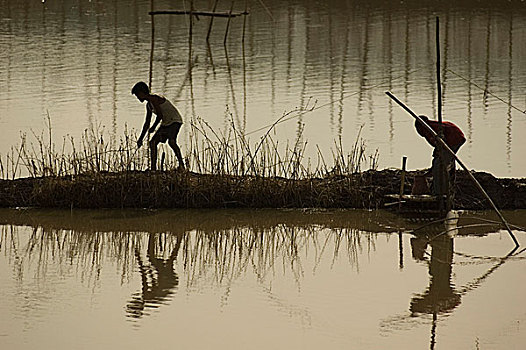 村民,捕鱼,洪水,水,孟加拉,七月,2007年