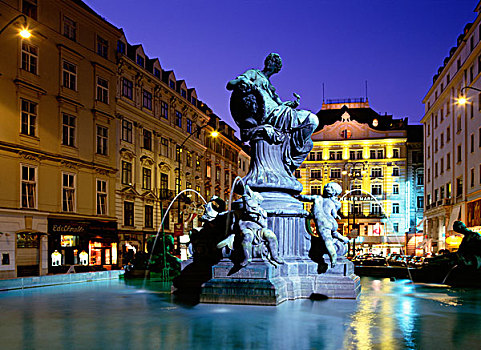夜景,喷泉,维也纳,奥地利,欧洲