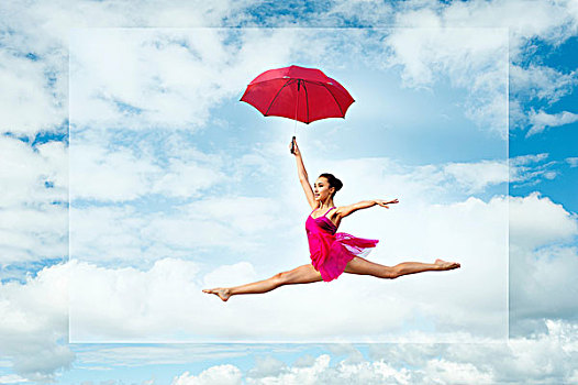 芭蕾舞女,伞,跳跃,阴天
