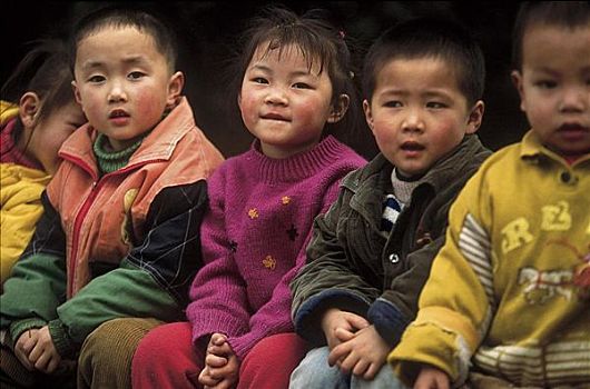 肖像,中国,四川,成都,四个,婴儿,孩子,女孩,男孩,群体,幼儿园,亚洲