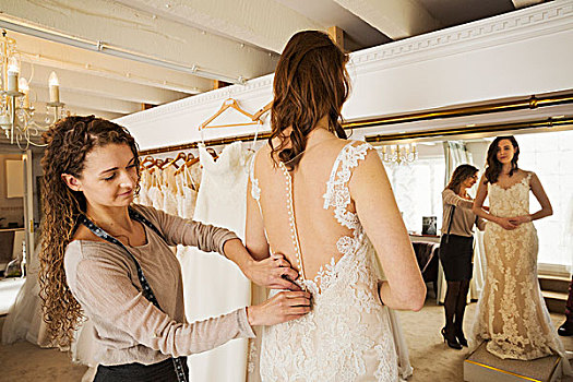 裁缝,婚纱,试穿,客户,美女,新娘,选择,连衣裙,店