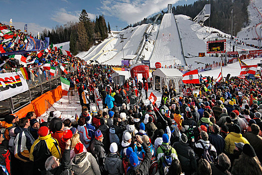 障碍滑雪,山,滑雪,世界杯,冬季运动,大看台,观众,加米施帕藤基兴,上巴伐利亚,巴伐利亚,德国,欧洲