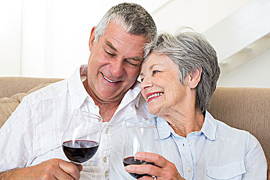 老年,夫妻,坐,沙发,玻璃杯,红酒
